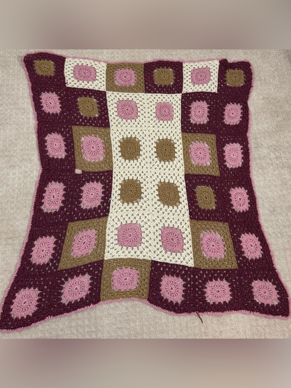 💙Crochet Grandma Blanket Brown & Tan & Pink AS IS